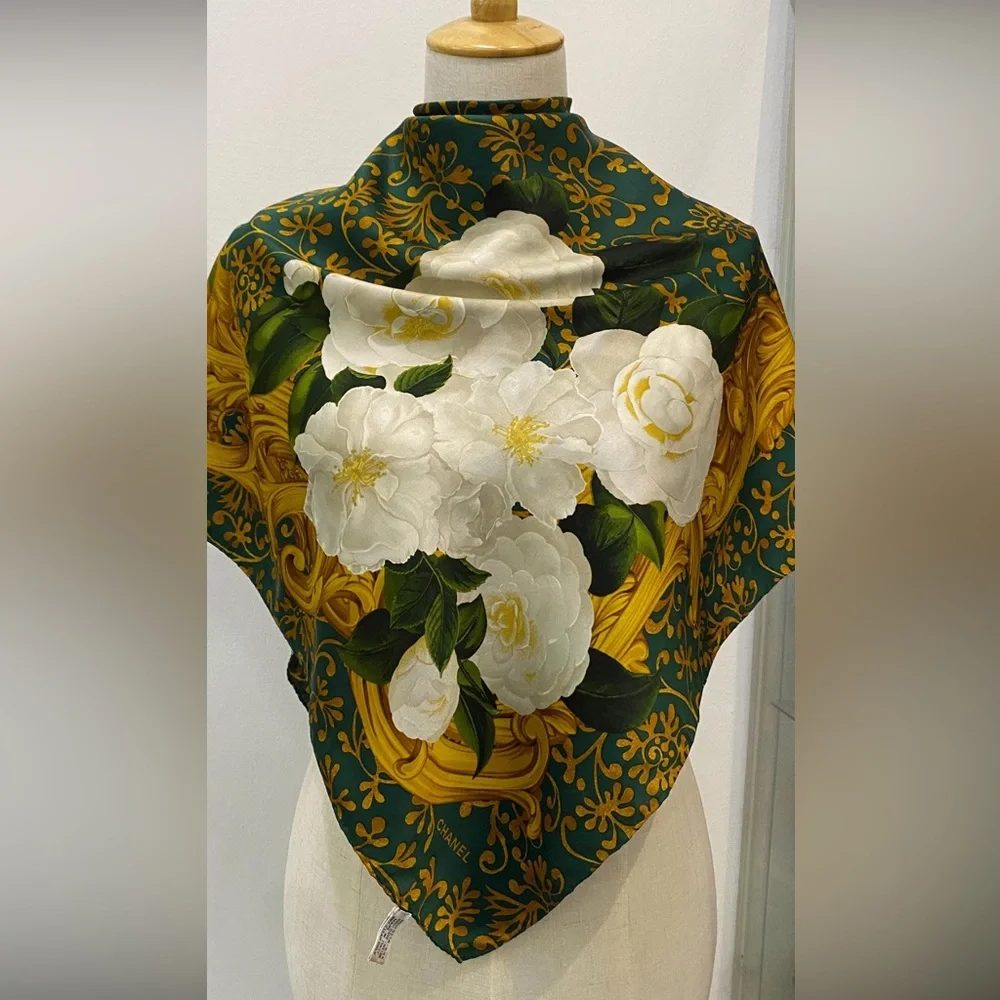 CHANEL Large Green and Gold Floral Silk Scarf